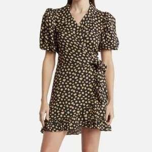NWT WeWoreWhat Floral Ditsy Daisies Puff Sleeve Wrap Mini Dress V Neck S Black